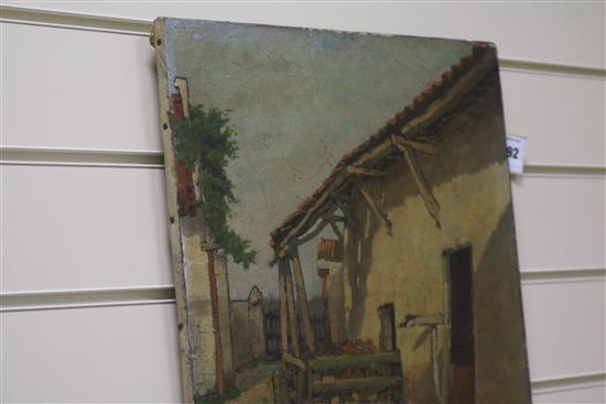 A. Doneux Woodstore beside a farmhouse, 18 x 145in., unframed
